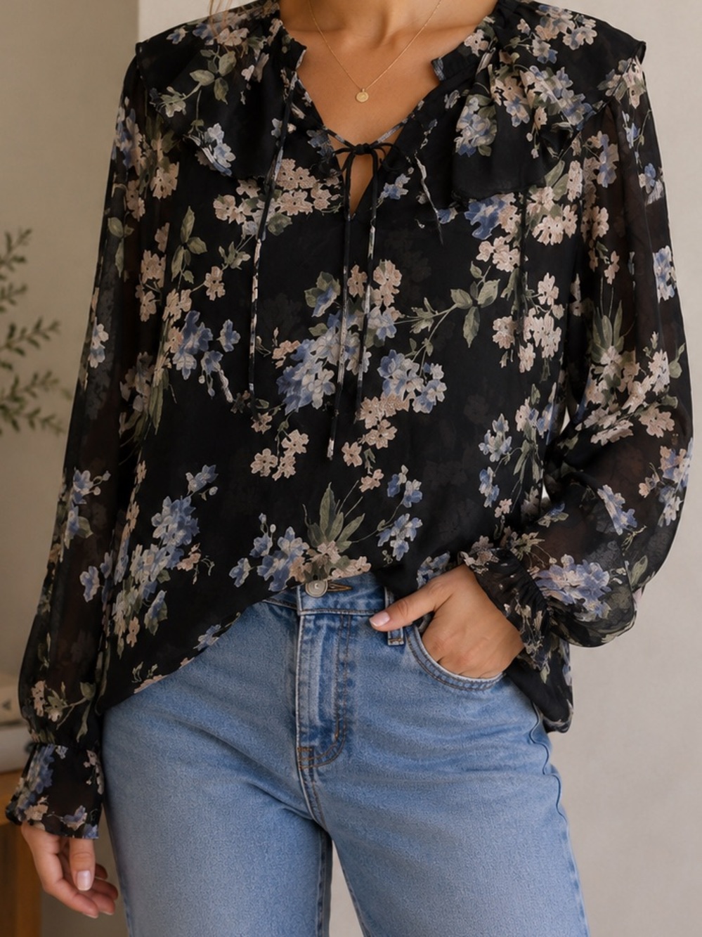 Floral Tie-Neck Black Blouse